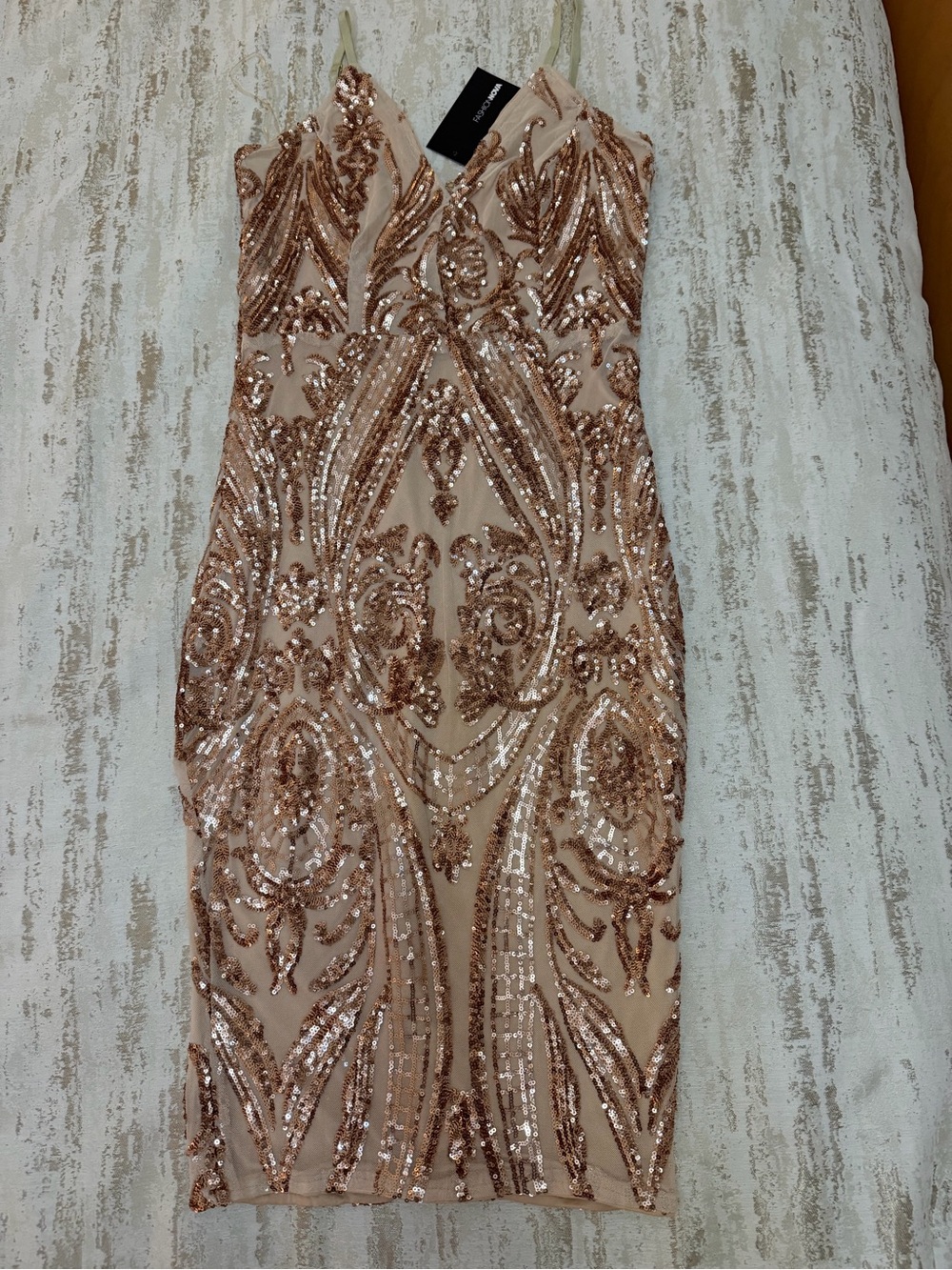Sequin-Embellished Rose Gold Midi Dress by